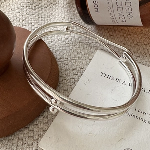 S925 Sterling Silver Double Layered Bangle For Women Minimalist Beads Design Retro Korean Style Fashion Jewelry Gift