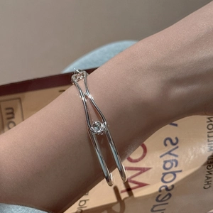 Minimalist S925 sterling silver double-layer open bangle featuring elegant silver beads