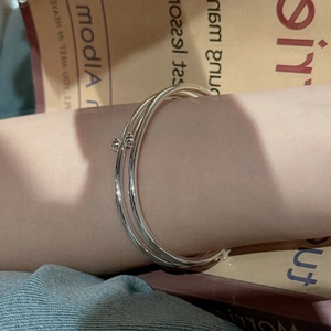 Three-layer polished S925 sterling silver minimalist bangle for women on wrist