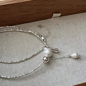 S925 Sterling Silver Necklace With Irregular Shredded Silver Beads And Artificial Baroque Pearl Drop Pendant Minimalist Korean Style Clavicle Chain For Women Daily Jewelry