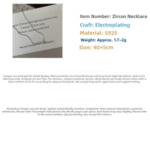 Detailed specs of the S925 silver zircon necklace showing 40+5cm length and plating detail