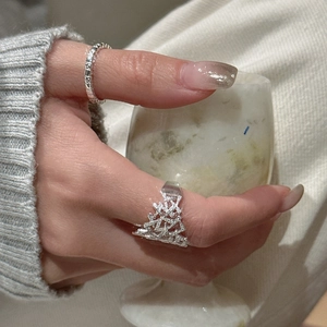 S925 sterling silver geometric hollow triangle ring set with minimalist textured band
