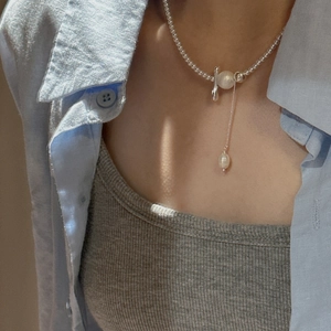925 Sterling Silver Necklace For Women Korean Style Minimalist Artificial Pearl Beaded Chain With OT Buckle And Artificial Baroque Pearl Pendant