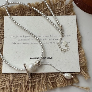 S925 sterling silver pearl necklace with sugar bead and baroque pearl pendant on card