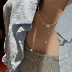 S925 sterling silver beaded necklace with OT toggle clasp and water drop pearl pendant