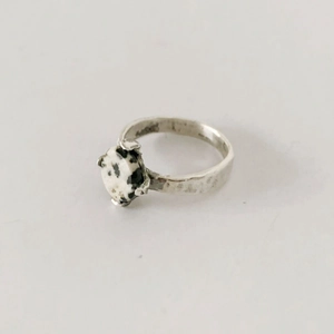 Handmade sterling silver ring with Dalmatian Jasper stone and hammered texture finish