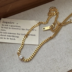 Vintage S925 sterling silver gold curb chain necklace with a single round zircon stone