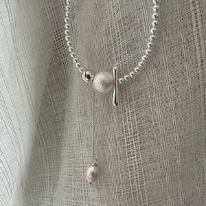 S925 sterling silver beaded necklace with mixed metal pendants and a teardrop pearl