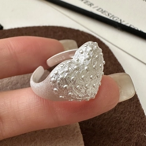 925 Sterling Silver Heart Ring Textured Retro Adjustable Open Finger Ring Minimalist Aesthetic Fashion Jewelry For Women