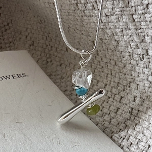 Minimalist S925 sterling silver stacked pendant necklace with crystal and turquoise beads