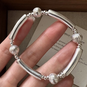 925 Sterling Silver Beaded Bracelet For Women Minimalist Retro Sleek Tube Elastic Cord Textured Beads Jewelry Accessory