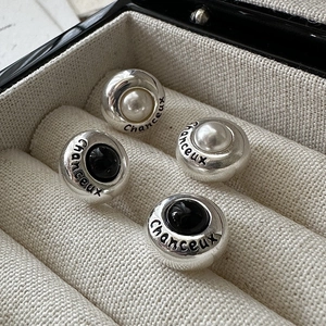 925 Sterling Silver Round Stud Earrings With Faux Artificial Pearl Or Black Agate French Vintage Lucky Engraved For Women