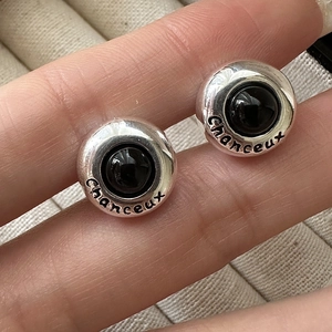 S925 sterling silver round stud earrings with black stone and Chanceux lucky engraving