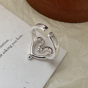 S925 sterling silver minimalist heart-shaped open ring with elegant nested wire design