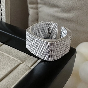 S925 Sterling Silver Square Ring For Women Minimalist Mesh Texture Woven Wide Open Adjustable Band Korean Fashion Jewelry