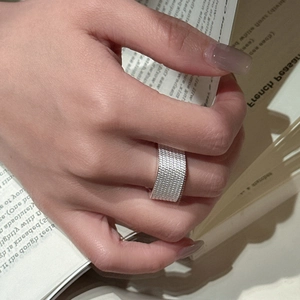 Minimalist S925 sterling silver square wide band ring with woven texture finish