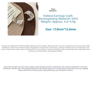 Detailed view of S925 sterling silver triple hollow earrings with size measurements