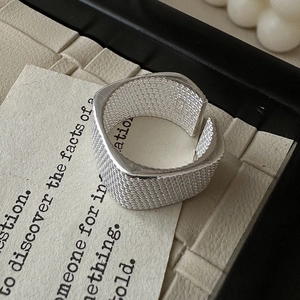 Minimalist S925 sterling silver square ring with woven texture and open adjustable design