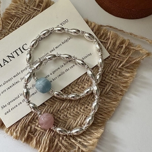 925 Sterling Silver Beaded Bracelet For Women Korean Minimalist Olive Shape Beads Natural Stone Accent Elegant Jewelry