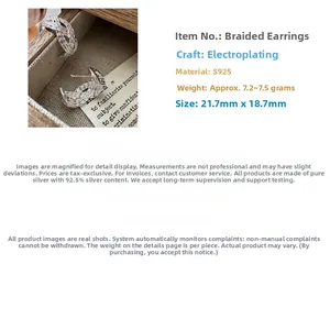 Macro view of S925 sterling silver woven earrings with 21.7mm by 18.7mm dimensions