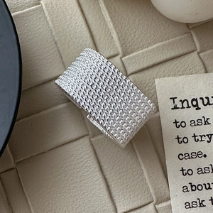 Minimalist S925 sterling silver wide band ring with woven grid texture and open design