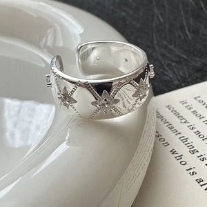 S925 Sterling Silver Star Open Ring For Women Retro Simple Four-Pointed Star Rhinestone Inlaid Adjustable Wide Band Fashion Jewelry Finger Ring