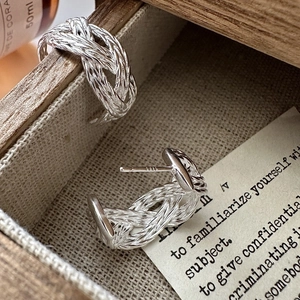 925 Sterling Silver Braided Twist Hoop Earrings For Women Vintage Korean Style Geometric Metal Weave Loop Earrings Fashion Jewelry