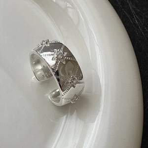 Minimalist S925 sterling silver wide ring with engraved stars and zircon stones