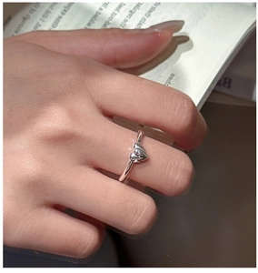 Detailed close-up of a minimalist S925 sterling silver heart ring worn on a finger