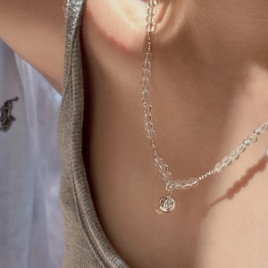 Minimalist S925 sterling silver necklace with clear crystal beads and a sparkling pendant