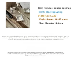 Macro detail of S925 sterling silver square earrings with hammered texture finish