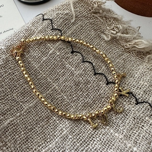 925 Sterling Silver Beaded Bracelet Gold Plated LUCKY Letter Pendant Faceted Metal Beads Vintage Minimalist Women Jewelry
