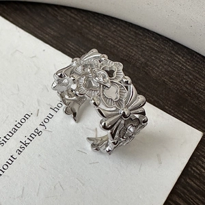 925 Sterling Silver Hollow Iris Flower Adjustable Open Ring Gothic Vintage Rhinestone Carved Ring Jewelry For Women