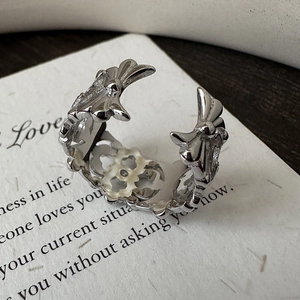 Polished S925 sterling silver open ring featuring an intricate iris flower cross design