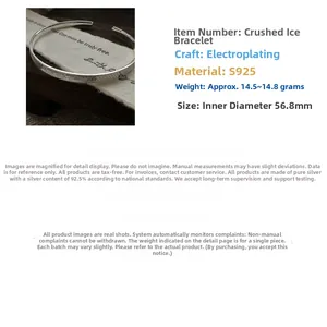 Detail of S925 sterling silver open bangle with crushed ice hammer texture and 56.8mm size