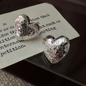S925 Sterling Silver Heart Stud Earrings For Women Minimalist Hammered Texture Crushed Ice Design Korean Style Jewelry Gift