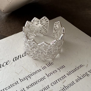 S925 sterling silver lace crown open ring with micro-pave cubic zirconia stones