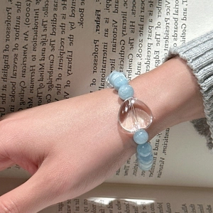 Bracelet de Perles en Argent Sterling 925 Aigue-marine Design de Niche Vintage Charme de Cœur Bracelet Élastique Femme