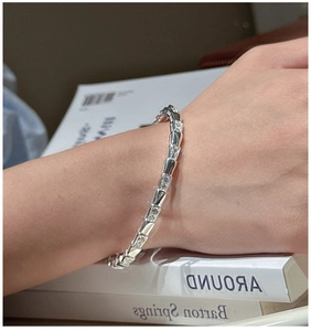 Detail of silver snake scale bracelet with sparkling cubic zirconia on female wrist