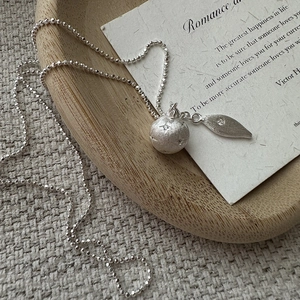 S925 sterling silver beaded necklace with brushed star ball and leaf pendant