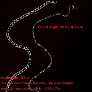 Detail of Figaro and curb chain bracelets set in silver stainless steel, 20cm length