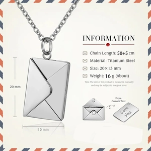 Detailed specs of silver titanium steel envelope necklace with hidden photo compartment