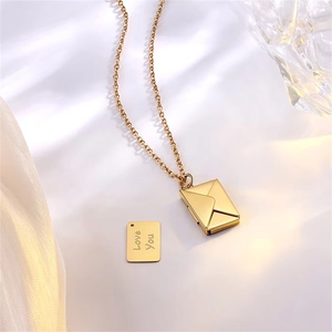 Golden titanium steel envelope necklace with hidden Love You engraved photo compartment