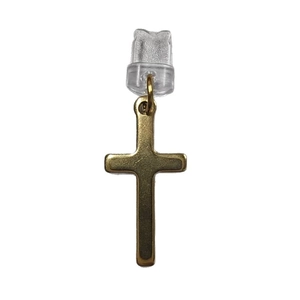 Polished gold stainless steel cross dust plug pendant with a frosted metallic texture finish
