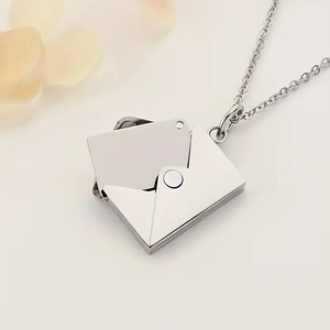 Polished titanium steel envelope necklace with hidden photo locket and delicate link chain