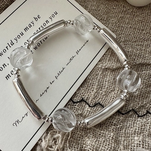 Minimalist S925 silver beaded bracelet with clear crystal glass balls on vintage card