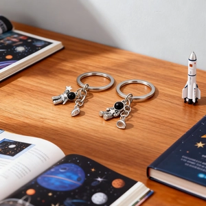 Magnetic astronaut couple keychains in silver metal on a rustic wooden surface