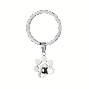 Silver pet paw print keychain with I Love You projection stone in stainless steel