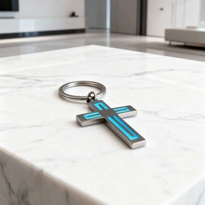 Luminous Stainless Steel Cross Keychain For Men Women Cool Blue Glow In The Dark Religious Pendant Key Ring Accessory Gift