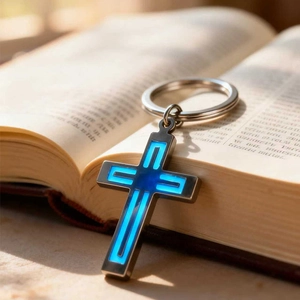Luminous stainless steel cross keychain with blue glow effect on an open book